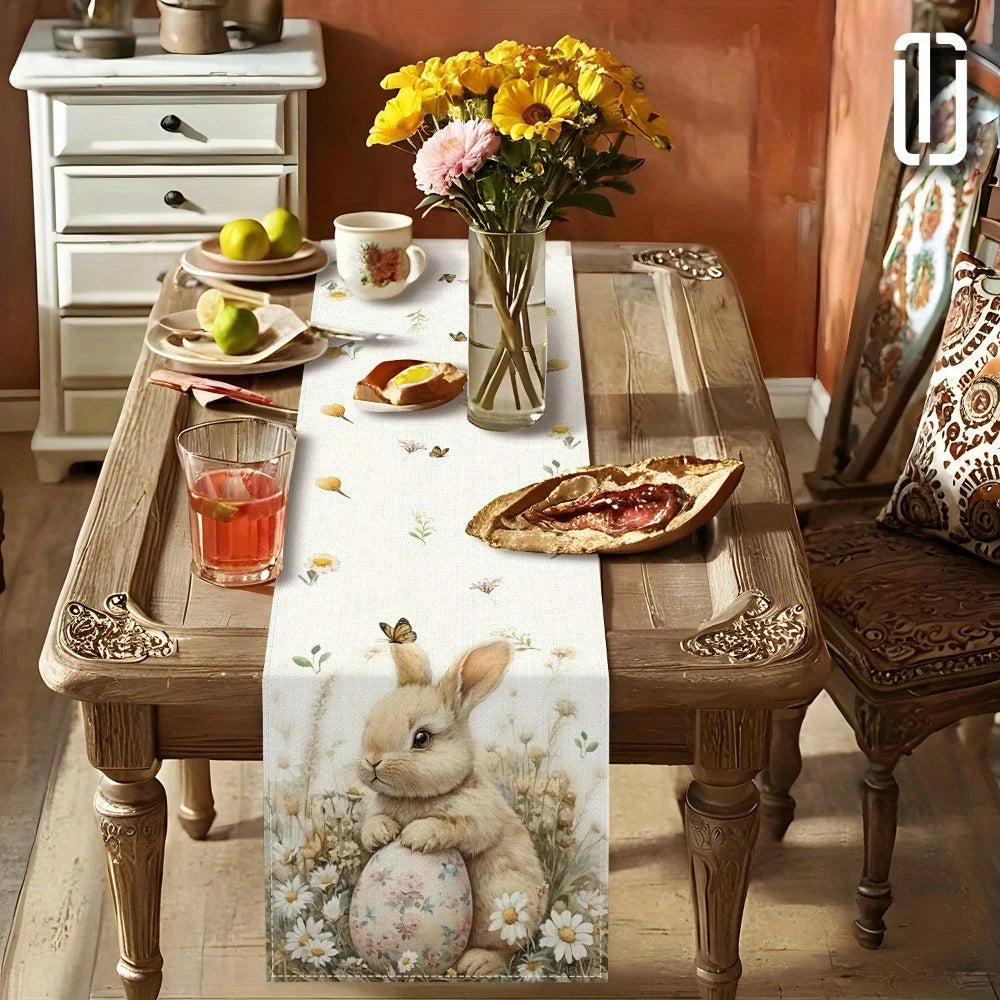 1pc Easter Bunny and Floral Egg Table Runner for Spring Holiday Home Decor, Easter Celebration Tablecloth Gift Idea - Lootquake