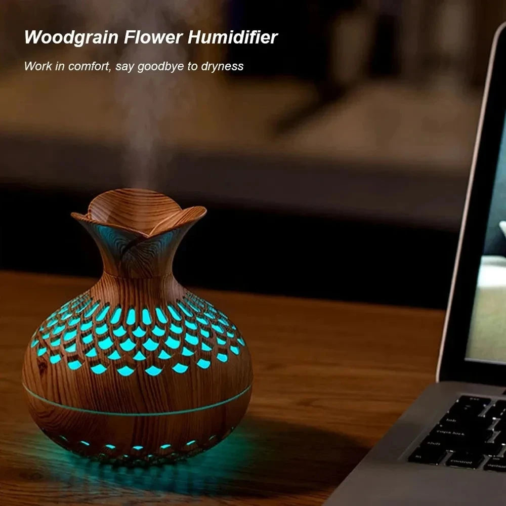Humidificador USB de grano de madera hueco, difusor de aroma, atomizador, humidificador doméstico, instrumento hidratante, humidificador de escritorio.