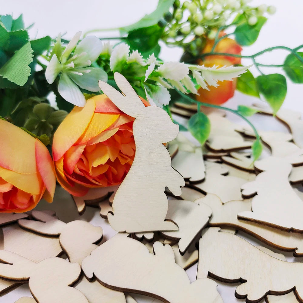 50/100Pcs Easter Bunny Shaped Wooden Chips Happy Easter Unfinished Diy Painting Crafts Rabbit Ornaments Easter Kids Favor - Lootquake