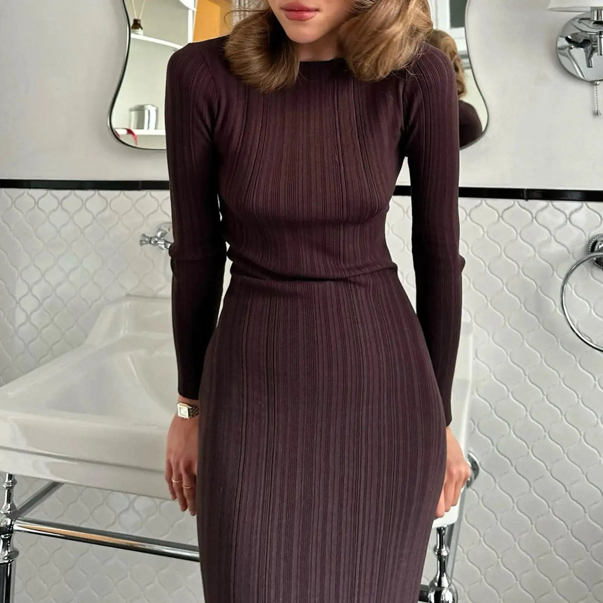 Autumn Winter Solid Color Bodycon Knit Dress Women Long Sleeve Crew Neck Ribbed Dress Slim Fit Long Dress - Lootquake