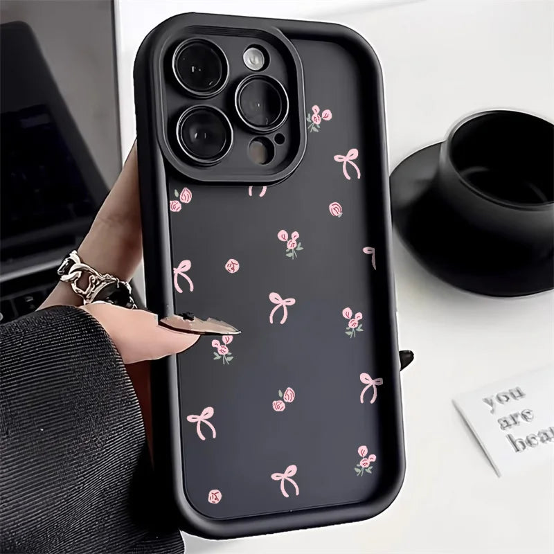 Funda de silicona con lazo rosa para iPhone, estilo coreano