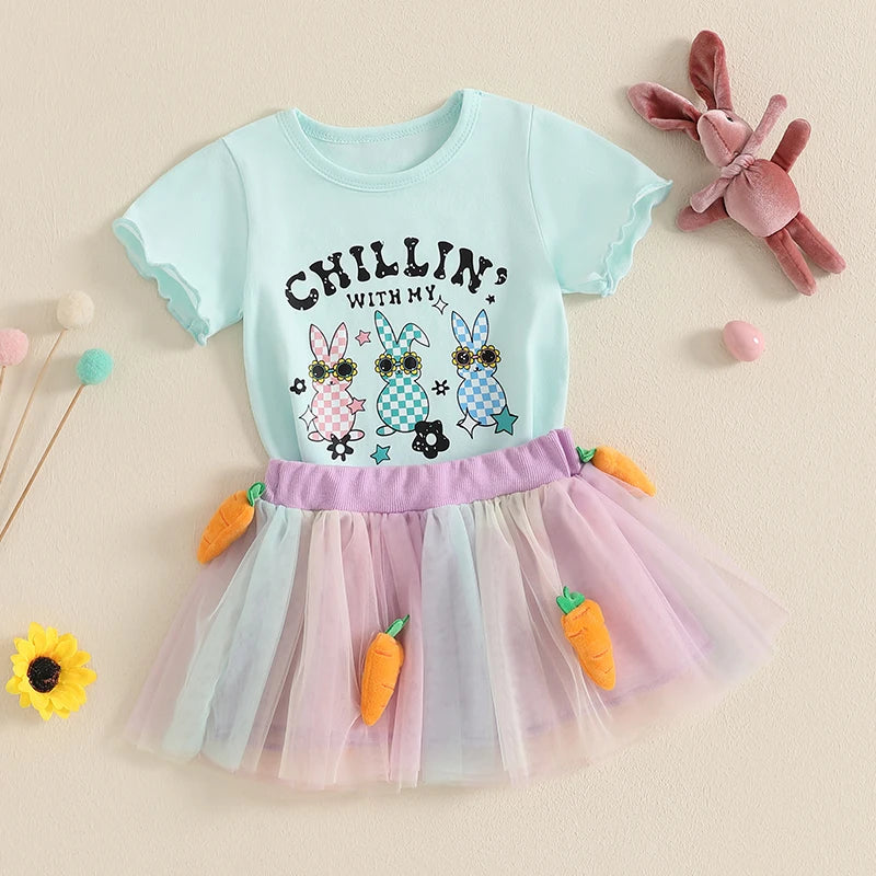 Adorable Infant Easter Dress Set with Bunny Graphic Tee and Fluffy Carrot Skirt for Baby Girls - 2 Piece Outfit - Lootquake