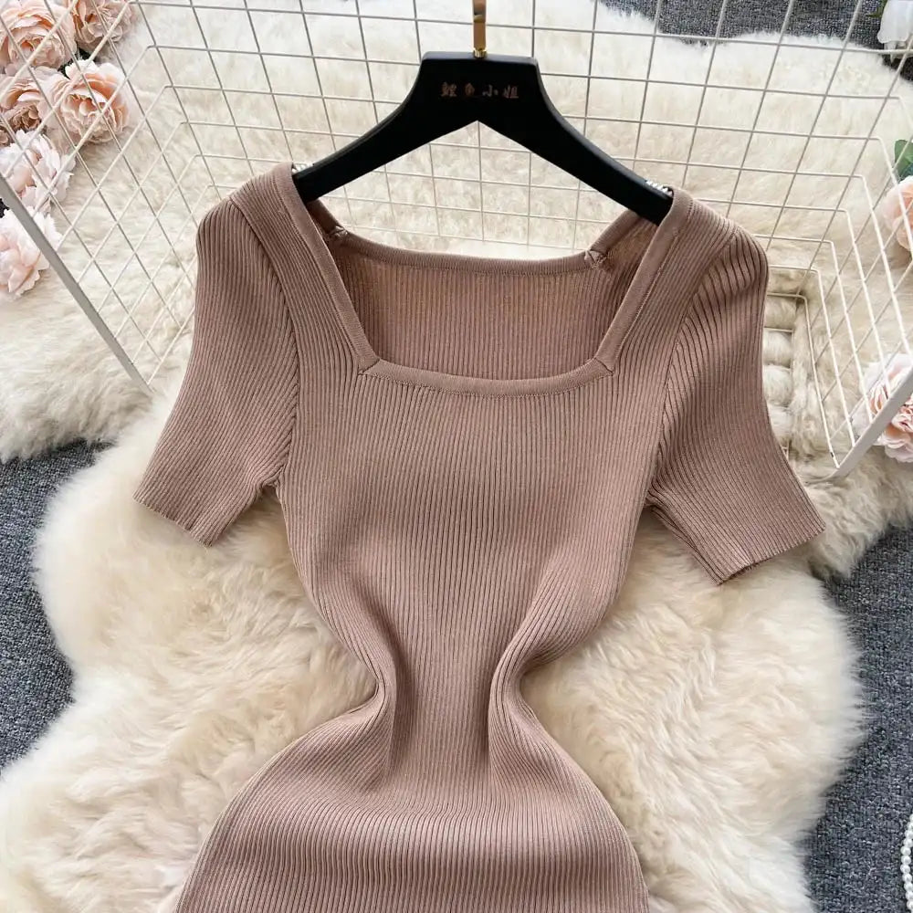 Green 2024 Sexy Summer Knit Short Sleeve Dress Women Squar Collar Waist Bodycon Sundress Female Beach Backless Long Dress - Lootquake