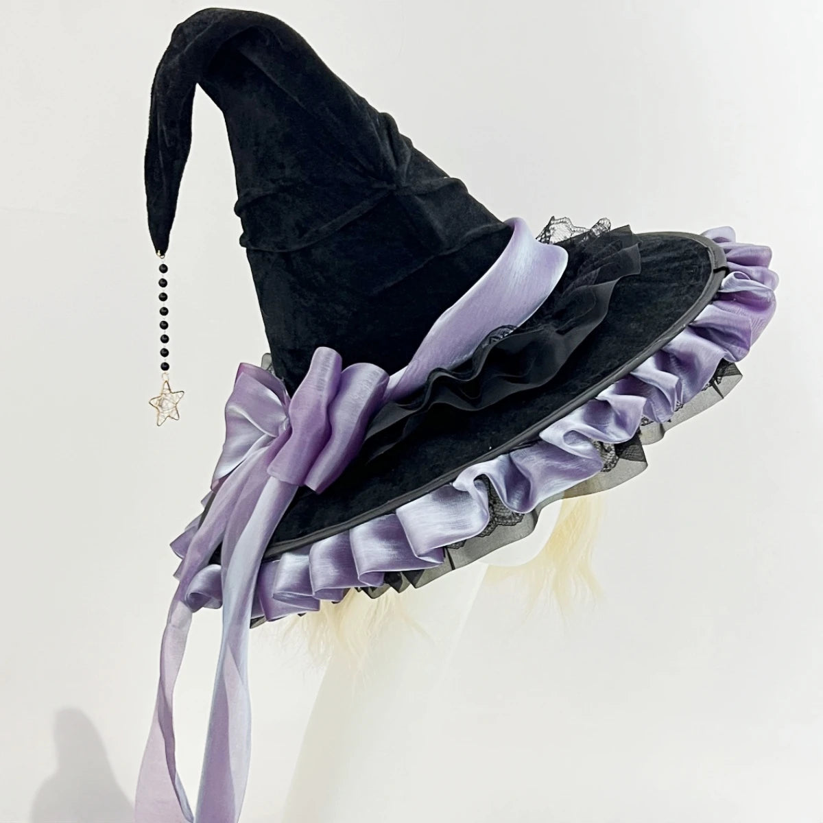 Halloween Party Witch Hat Costume Bowknot Large Black Crooked Ruched Wizard Hat Accessory