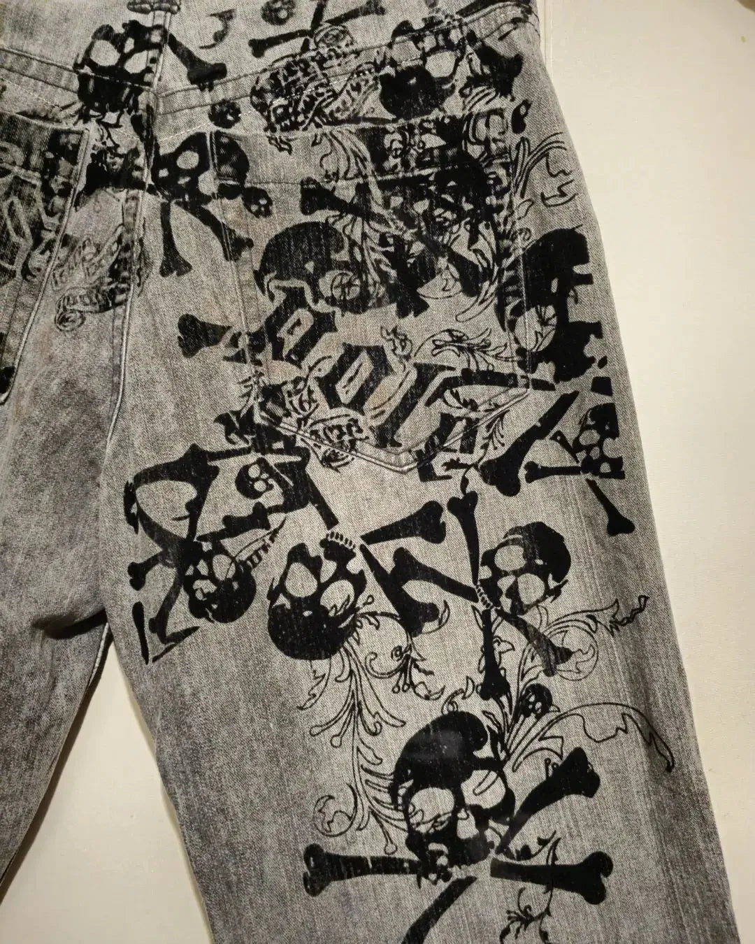 2023 New American Harajuku retro skull print straight high waist Y2K women's washed grey jeans Streetwear Gothic wide trousers - Lootquake