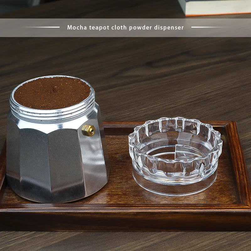 Mocha pot powder dispenser, fabric powder dispenser, powder pressing and filling tool