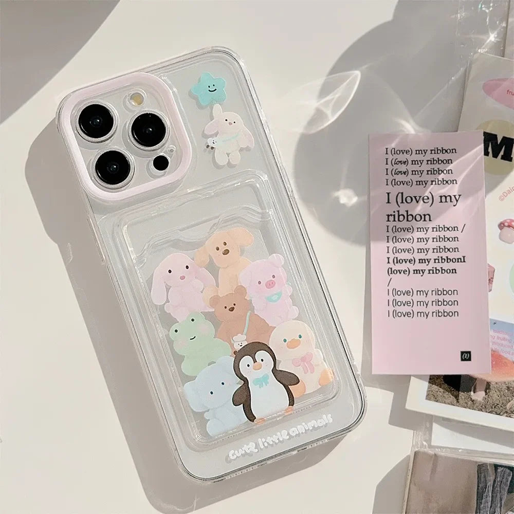 Estuche transparente con ranura para tarjetas y diseño de animales de dibujos animados para iPhone