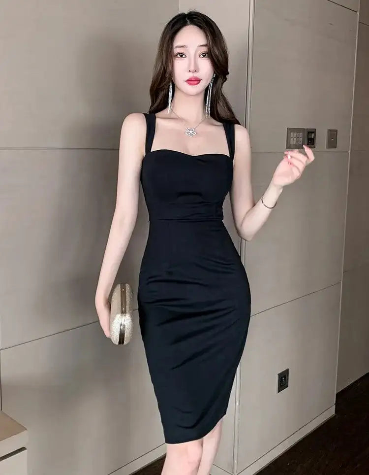 Sweet Fashion Slash Neck Long Dress Sexy Office Lady Straps Slim Medium Dress Elegant Women 2023 New Sweet Spice Girls 4CWT - Lootquake