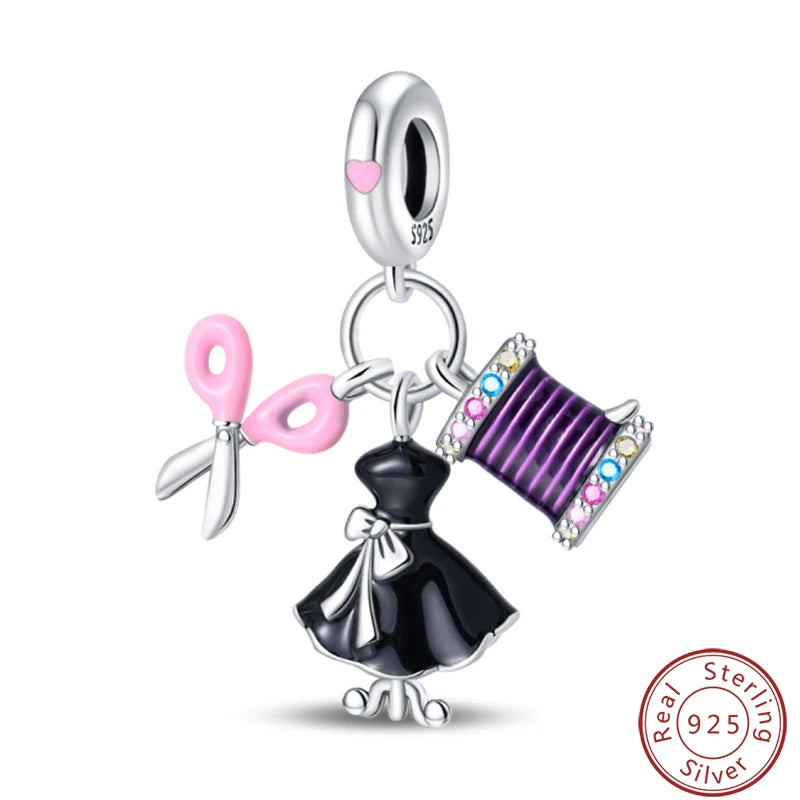 Ensemble de trois breloques en argent sterling S925, perles de 3 mm, motif princesse, golf, hamster, appareil photo, voyage, fabrication de bijoux fins