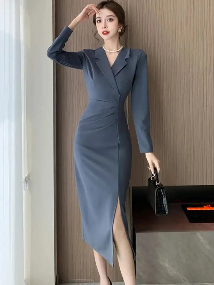 Women Pink Pleated Bodycon Formal Long Dress Autumn Winter Long Sleeve Chic Suit Dress 2025 Korean Fashion Elegant Party Dresses - Lootquake