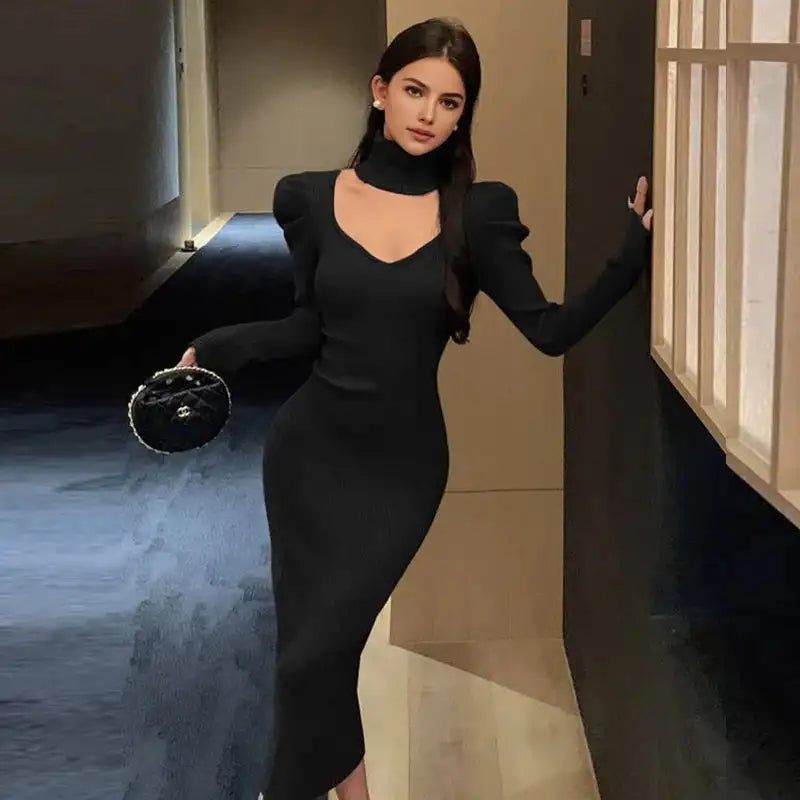 YuooMuoo Chic Fashion Elegant Knitted Long Dress with Neck Scarf 2024 Autumn Winter Ribbed Office Lady Bodycon Sweater Vestidos - Lootquake
