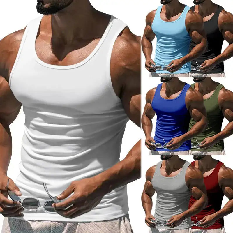 American Vest, Summer Europe And The United States Men Stretch Sports Gym Training, Tight Hurdle Sleeveless Top Solid Color Vest - Lootquake