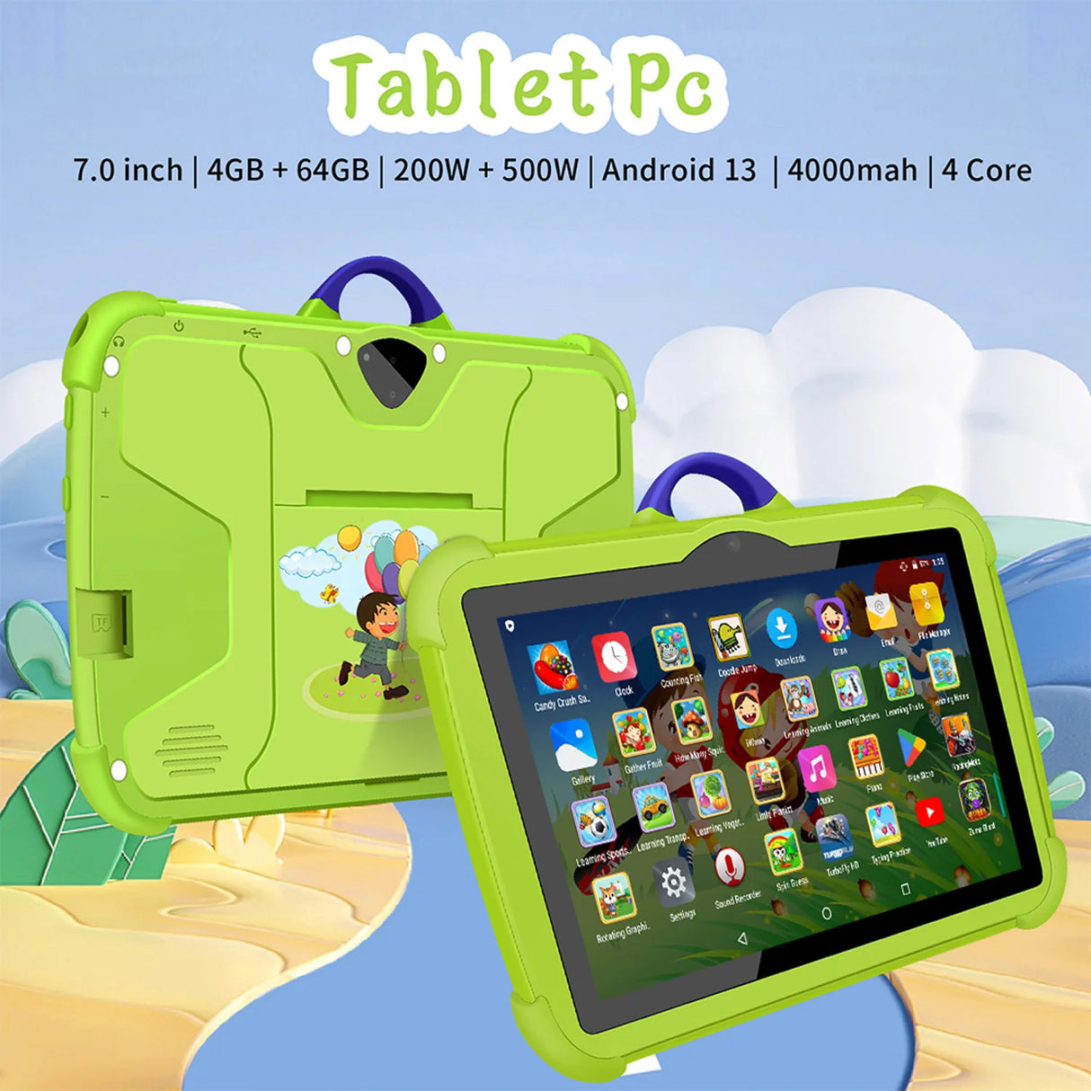 Tableta 5G WiFi de 7 pulgadas para niños, nueva tableta educativa de aprendizaje, cuatro núcleos, 4 GB de RAM, 64 GB de ROM, cámaras duales, Android 13, 2025