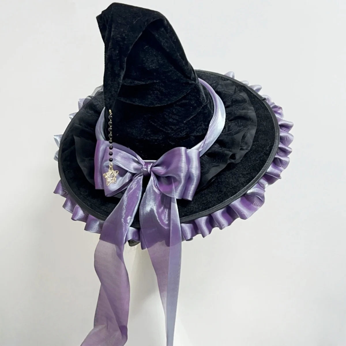 Halloween Party Witch Hat Costume Bowknot Large Black Crooked Ruched Wizard Hat Accessory