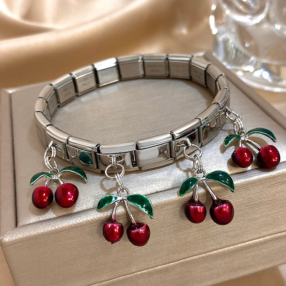Greatera Cherry Pendant Pattern Bangle For Women Trendy 9mm Wide Design Bracelet Tide Delicacy Creative Euro-american Jewelry - Lootquake