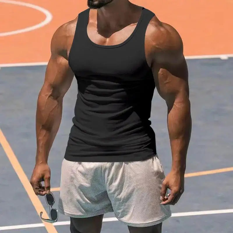 American Vest, Summer Europe And The United States Men Stretch Sports Gym Training, Tight Hurdle Sleeveless Top Solid Color Vest - Lootquake