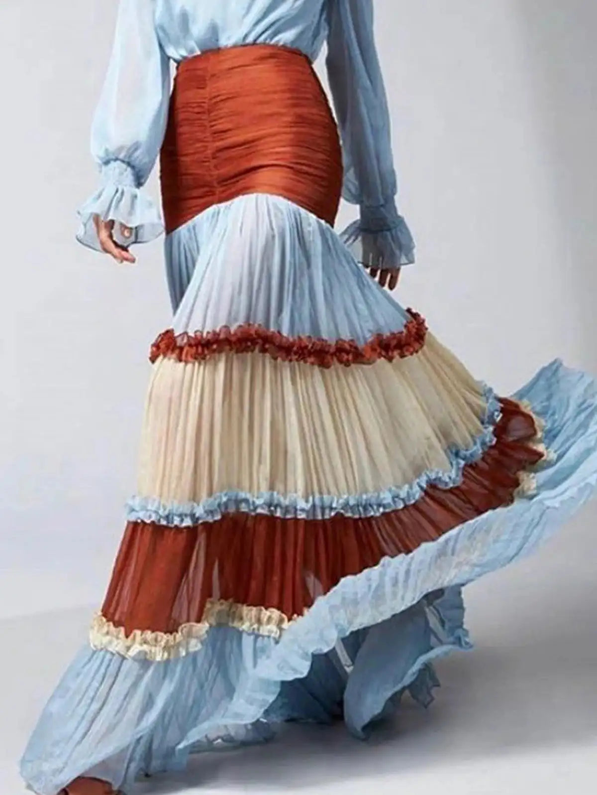 Elegant Ruffle Dress for Women Tiered A-Line Sweet Fashion Lantern Sleeve V-Neck Patchwork Layer Long Dress for Autumn 2024 - Lootquake