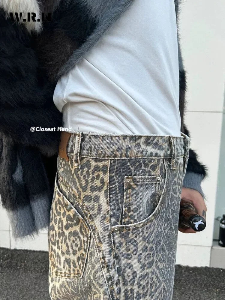 Women's American Vintage Leopard Print Washed Thin Jeans Street Casual Neutral Style DenimTrousers High Waist Straight Pants - Lootquake