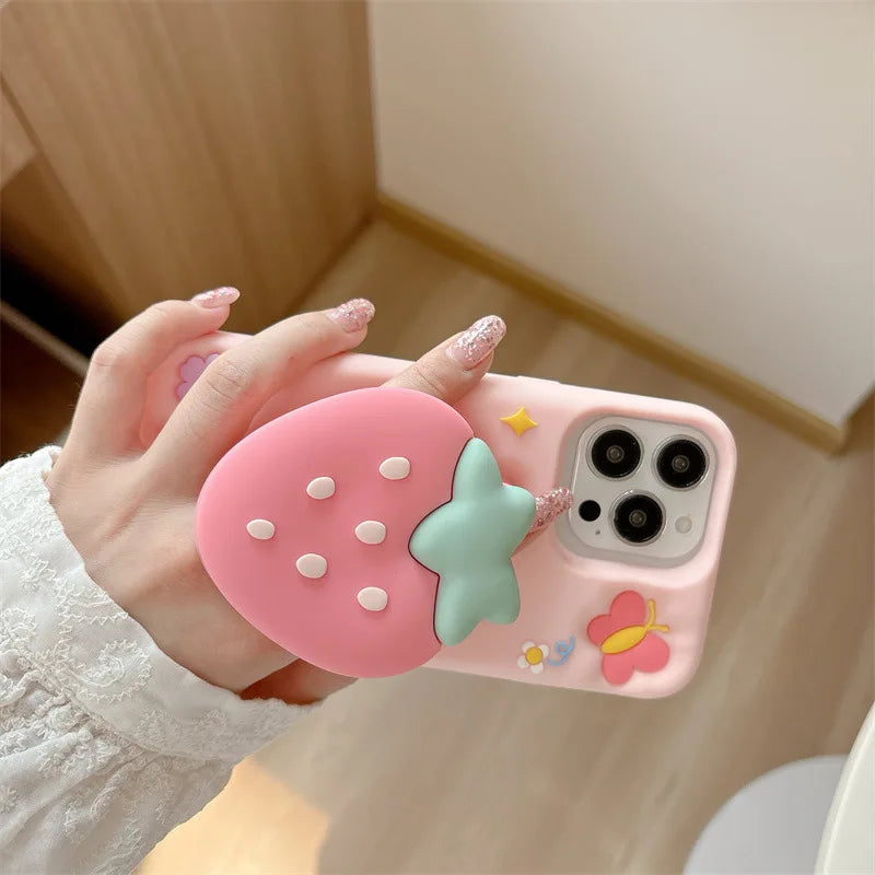 Funda de silicona con soporte telescópico para iPhone con diseño de fresa en 3D