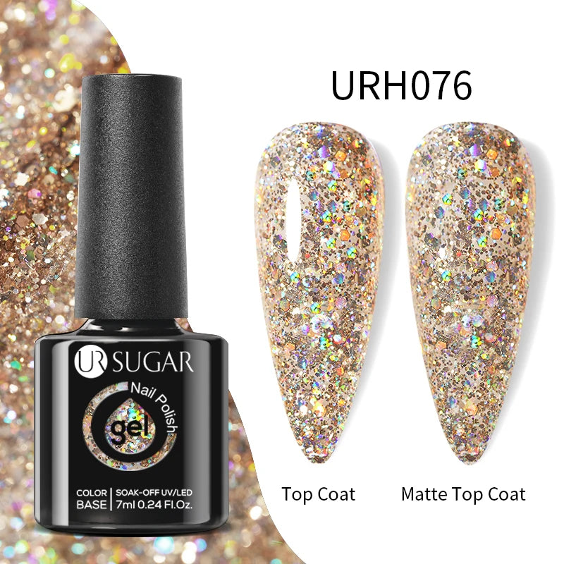 UR SUGAR Esmalte de uñas en gel con base de goma, color azul, dorado, con brillo, capa superior, esmalte de uñas en gel UV LED, para manicura