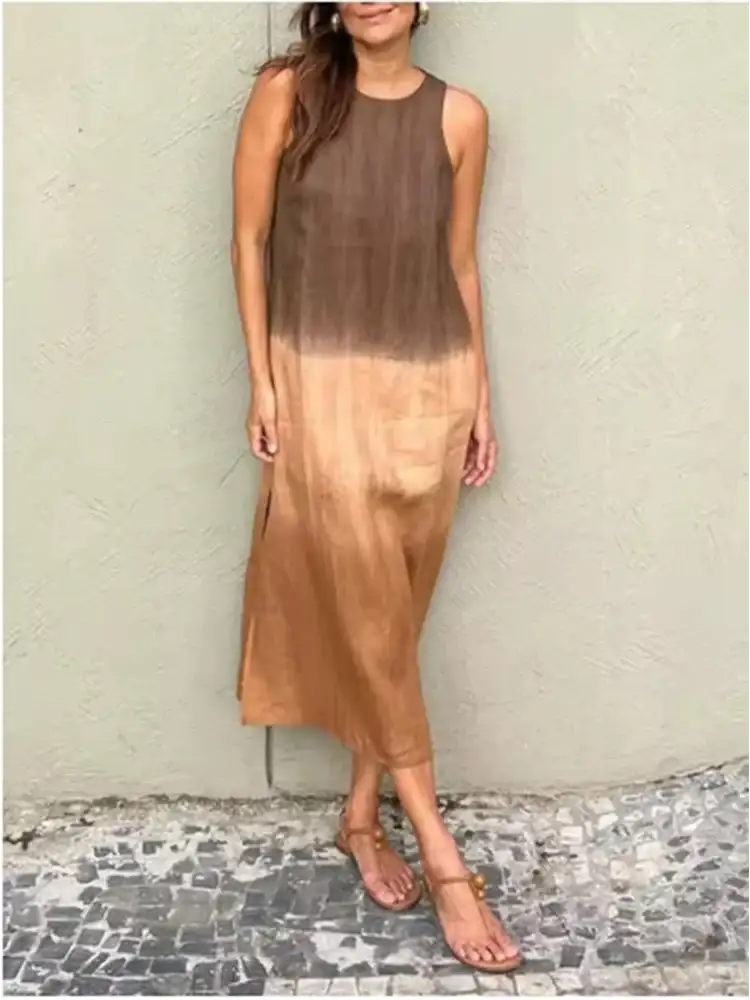 Fashion Vest Long Dress Women Summer Sleeveless o Neck Dress Summer Gradient Casual Dresses - Lootquake