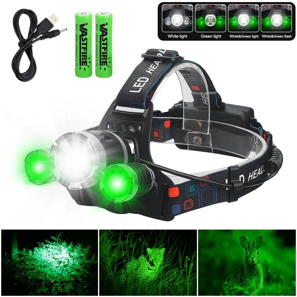 Headlamp Green/Red/UV395nm+White Dual Light Rechargeable Fixed Focus Waterproof 4Modes Headlight Hunting Camping Hiking Working - Lootquake