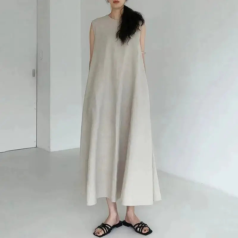 2022 Minimalist Chic Loose Swing Sleeveless Mid-length Casual Cotton Linen Long Dress Round Neck High Waist Women Runway Dress - Lootquake