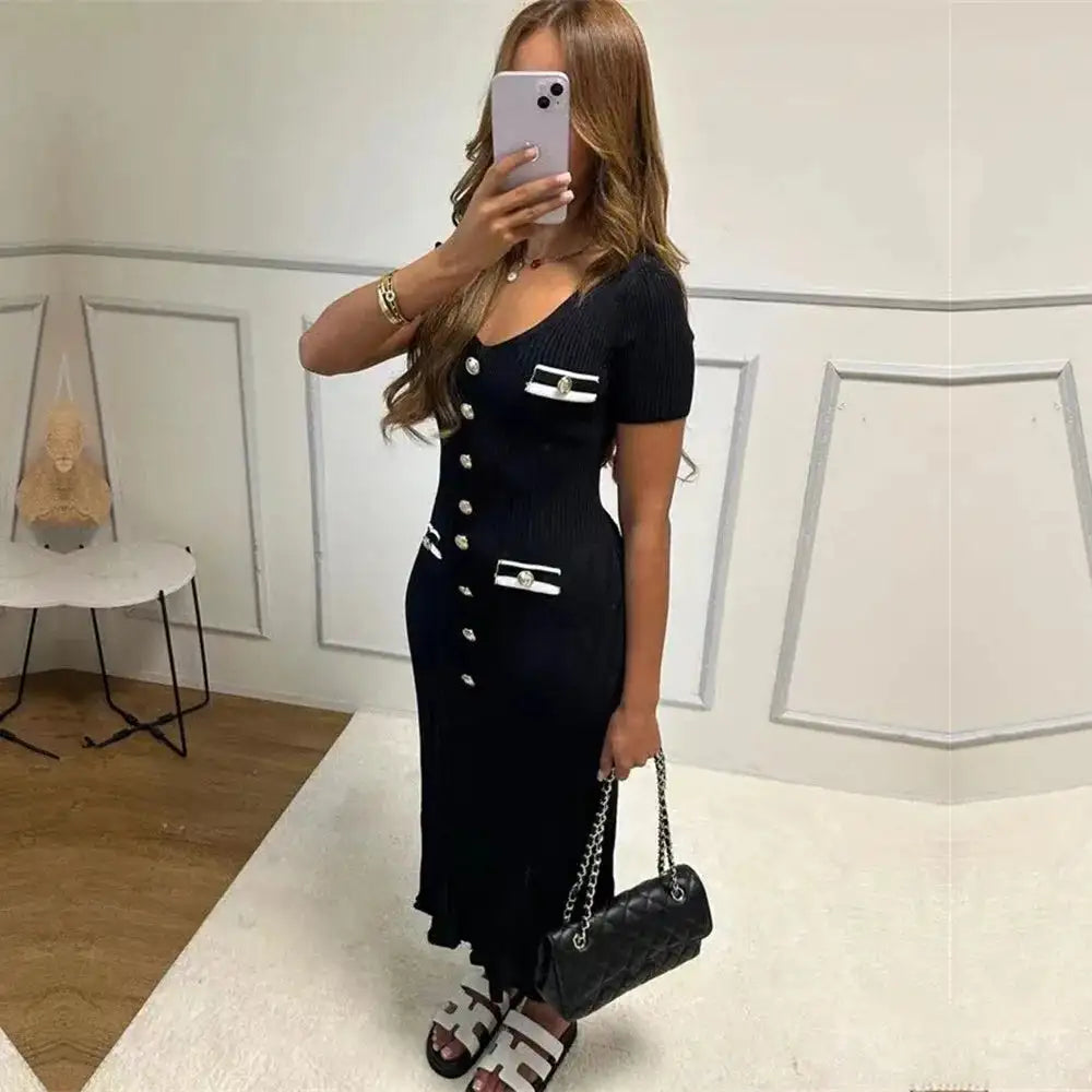 Office Lady Elegant Knitted Long Dress Summer Short Sleelve V Neck Single Breasted Bodycon Dresses Women Party Fashion Vestidos - Lootquake