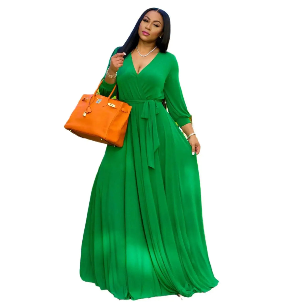 CM.YAYA Elegant Women Wraped V-neck Long Sleeve with Sashes Maxi Long Dress Chic INS Sexy Party Prom Big Swing Pink Dresses - Lootquake