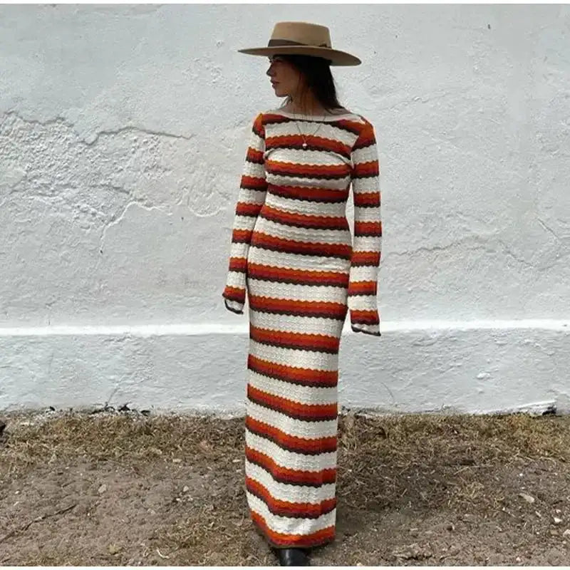Striped Knitted Long Dress Women O-neck Backless Hollowed Out Long Sleeves Lady Bodycon Dress 2024 Spring Summer Vacation Robe - Lootquake