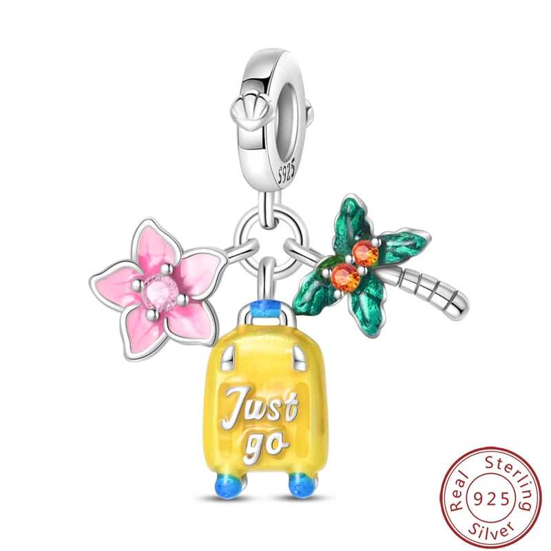 Ensemble de trois breloques en argent sterling S925, perles de 3 mm, motif princesse, golf, hamster, appareil photo, voyage, fabrication de bijoux fins