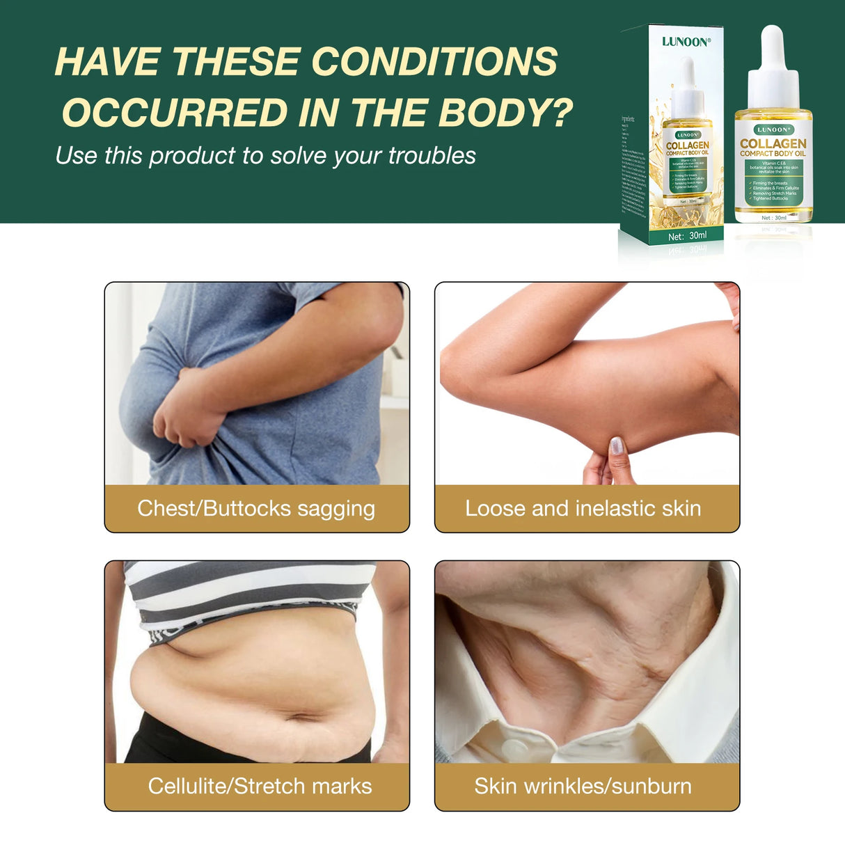 Aceite corporal compacto de colágeno, reduce arrugas y estrías, reafirma el pecho y los glúteos, equilibra las hormonas y cuida la piel de las mujeres.