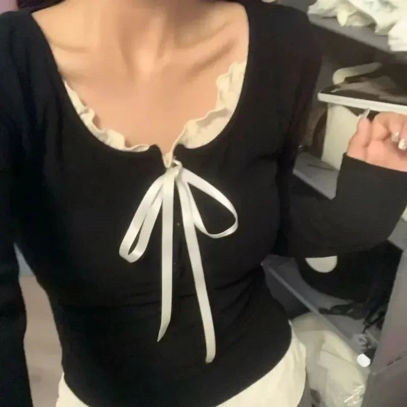 2024 Summer Kawaii Sweet Y2k Crop Tops Woman Casual Slim Long Sleeve Blouse Solid Korean Fashion Bodycon Pullover Office Lady - Lootquake