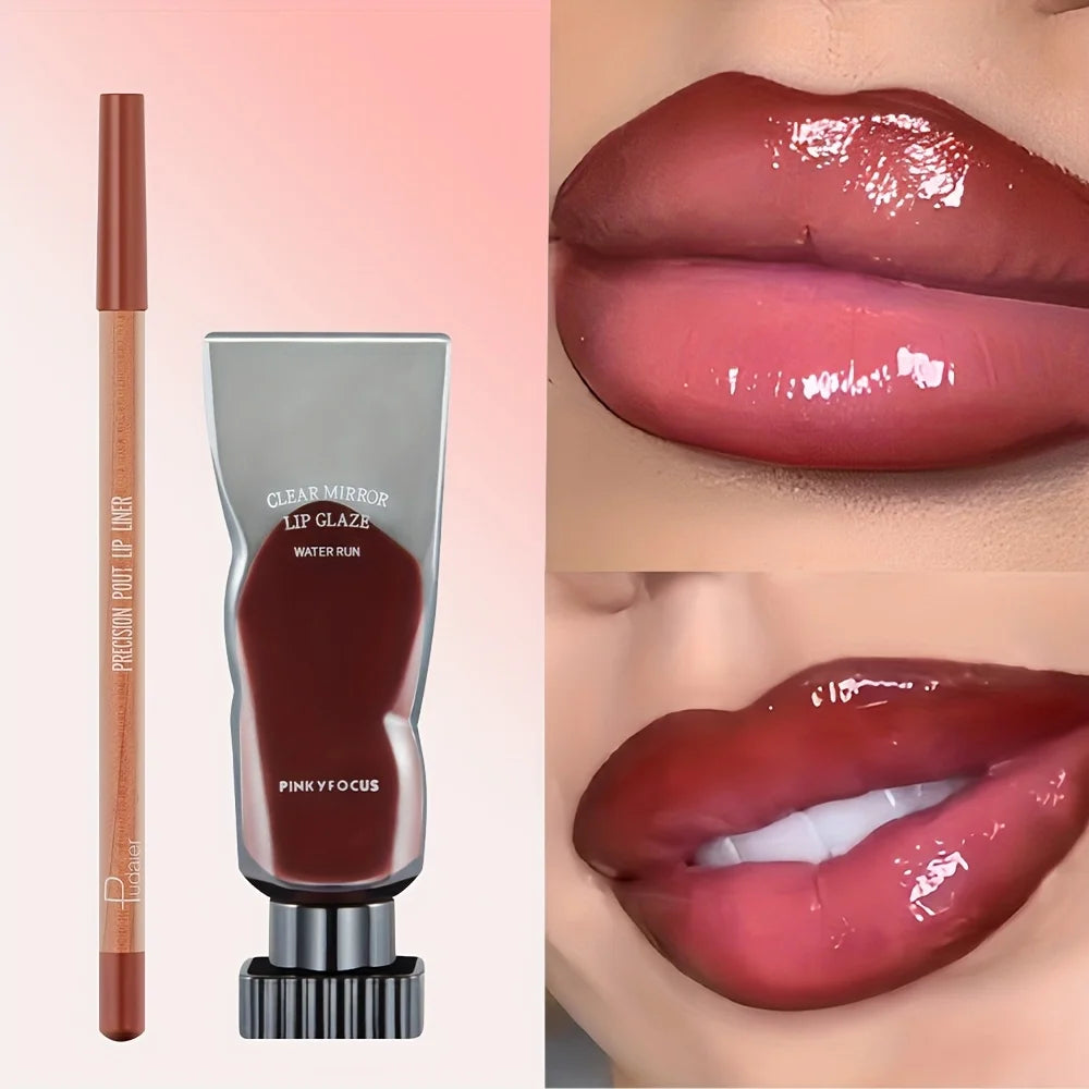 Juego de 2 brillos labiales hidratantes y humectantes y delineador de labios resistente al agua: lápiz labial de alto color, textura brillante