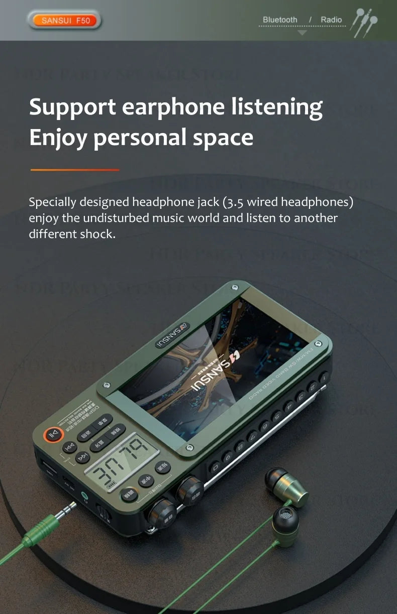 Enceintes Bluetooth sans fil SANSUI, radio pleine bande, lecteur vidéo LED HD, baladeur MP4 portable, batterie rechargeable intégrée