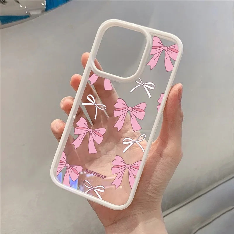 Funda transparente para teléfono con lazo rosa