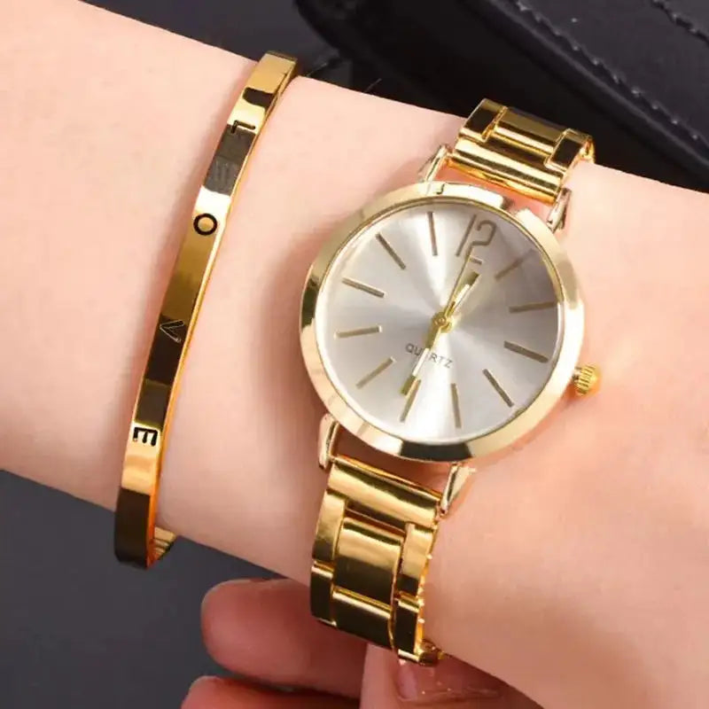 2pcs Set Watch Luxury Women Simple Dial Hollow Strap Fashion Gold Bracelet Quartz Wristwatch Student Ladies Watches Reloj Mujer - Lootquake
