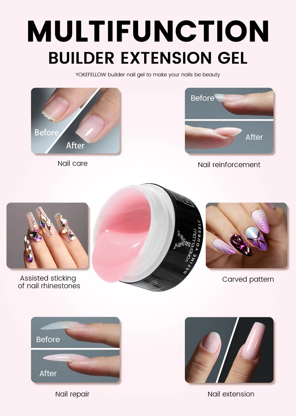 Esmalte de uñas en gel YOKEFELLOW de 15 g, color rosa nude, transparente, para construcción, extensión, remojo, UV LED, acrílico.
