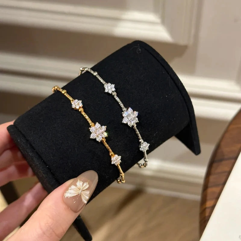 French Style Light Luxury Exquisite Bracelet Chic Elastic Flower Bracelet Sparkling Zircon Snowflake Ring 925 Silver Jewelry Set - Lootquake