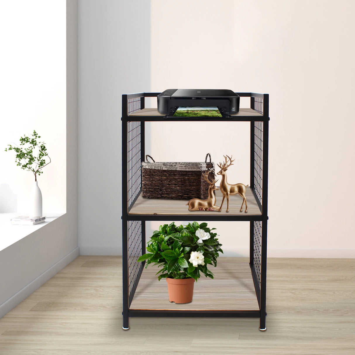 Support d'imprimante à 3 niveaux en bois massif et fer, capacité de 20 kg, design compact, idéal pour le rangement au bureau et à la maison, durable et élégant