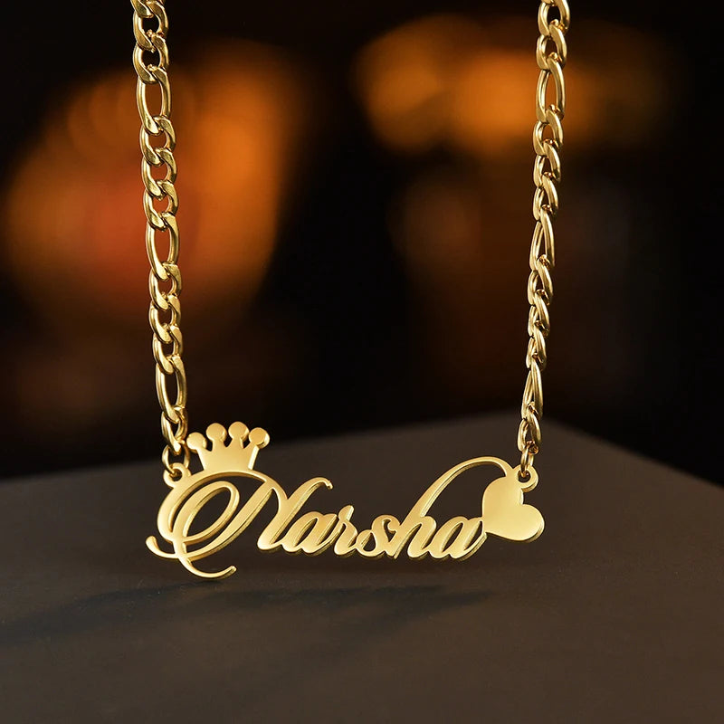 Goxijite Custom Name Collar Customized Crown Heart Nameplate Charm Necklaces Figaro Chain Stainless Steel Women Jewelry Gift - Lootquake