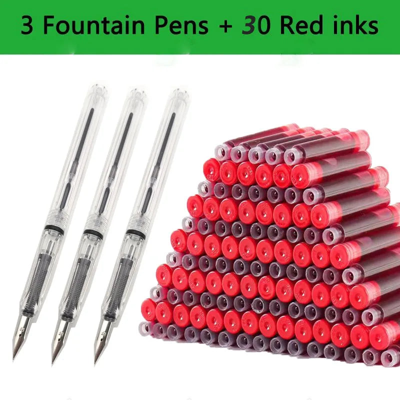 Juego de 33 plumas estilográficas Kawaii con tinta reemplazable, tinta negra, azul y roja EF de 0,38 mm, bolígrafos escolares, material de oficina, papelería para escribir.