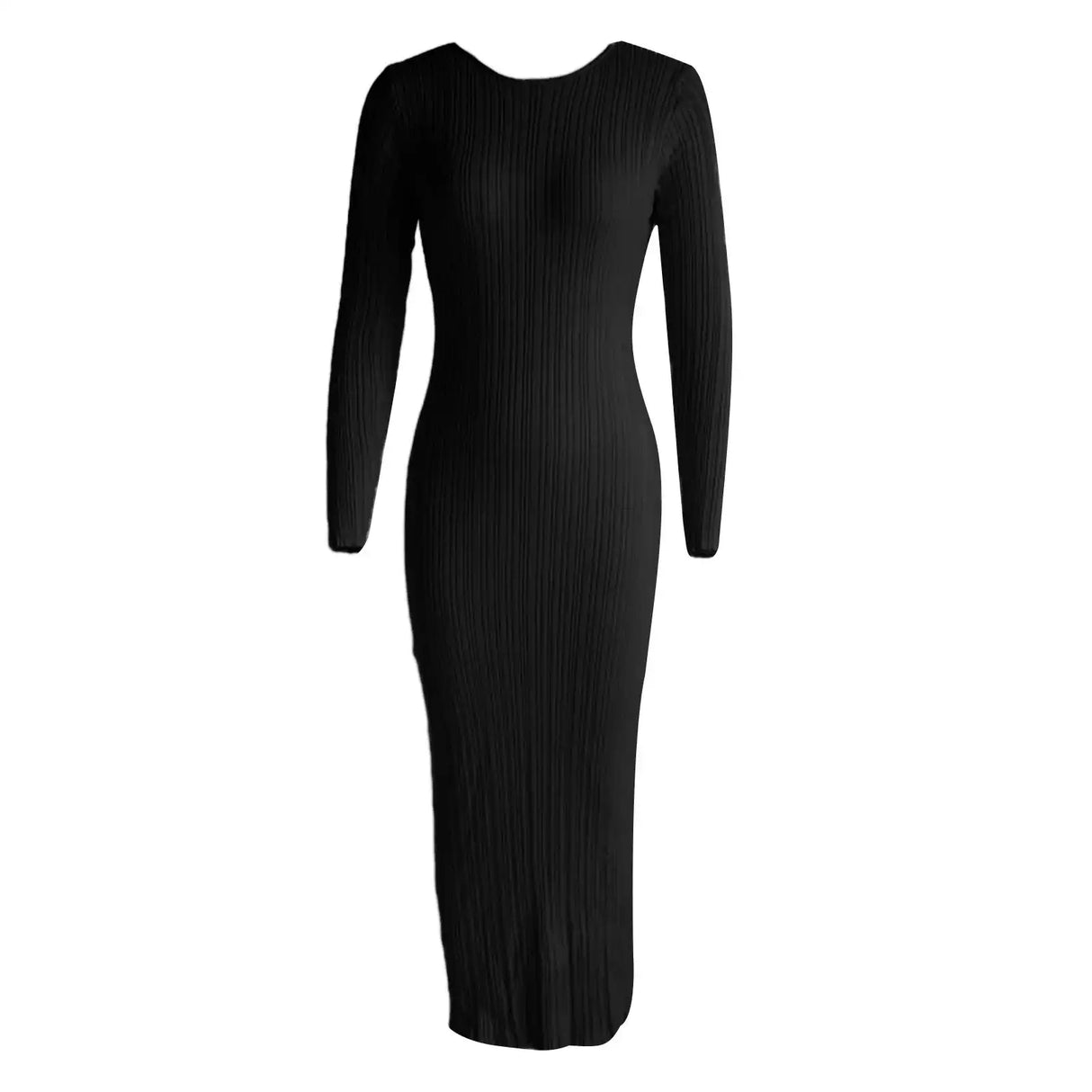 Autumn Winter Solid Color Bodycon Knit Dress Women Long Sleeve Crew Neck Ribbed Dress Slim Fit Long Dress - Lootquake