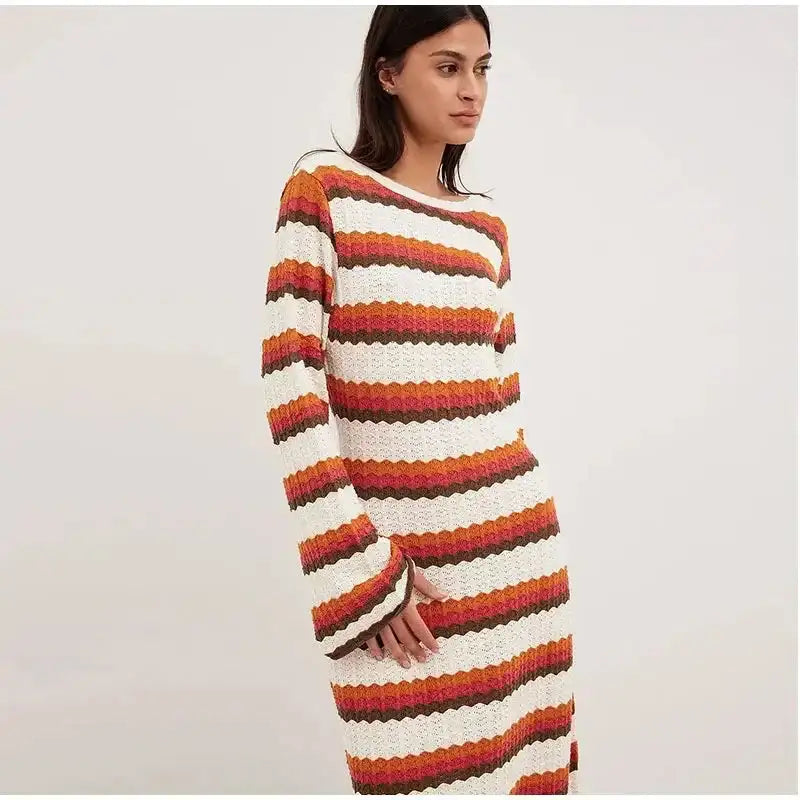 Striped Knitted Long Dress Women O-neck Backless Hollowed Out Long Sleeves Lady Bodycon Dress 2024 Spring Summer Vacation Robe - Lootquake