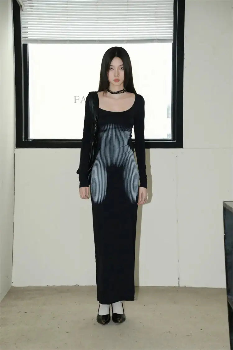 Y2K Sexy Long Sleeved Print Design Long Dress Elegant Slim Square Necked Dress Woman Street Style Wrapped Hip Skirt - Lootquake