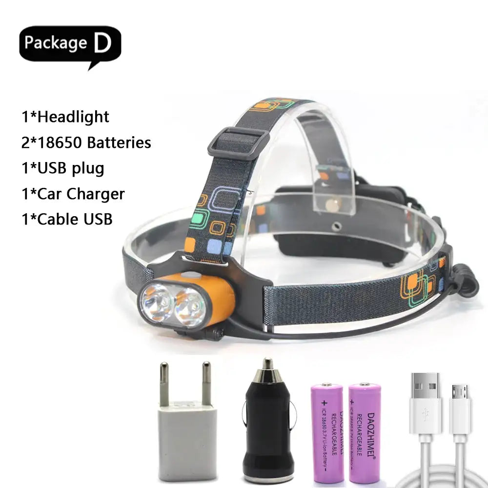 8000 lumen T6 Led lighting 2*T6 USB Hunting Headlamp Fishing Head light headlight Bike lights 3 Modes LED Headlight - Lootquake