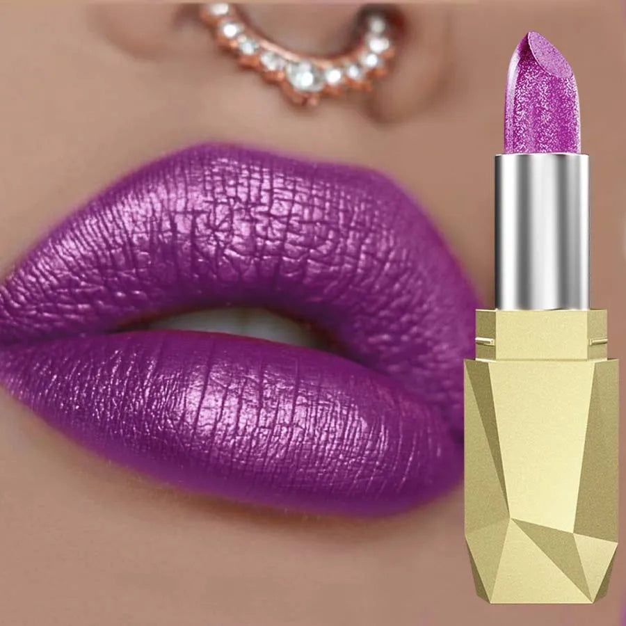 Rouge à lèvres pailleté violet Diamond Shimmer, longue tenue, waterproof, pour femmes et filles, maquillage et cosmétiques