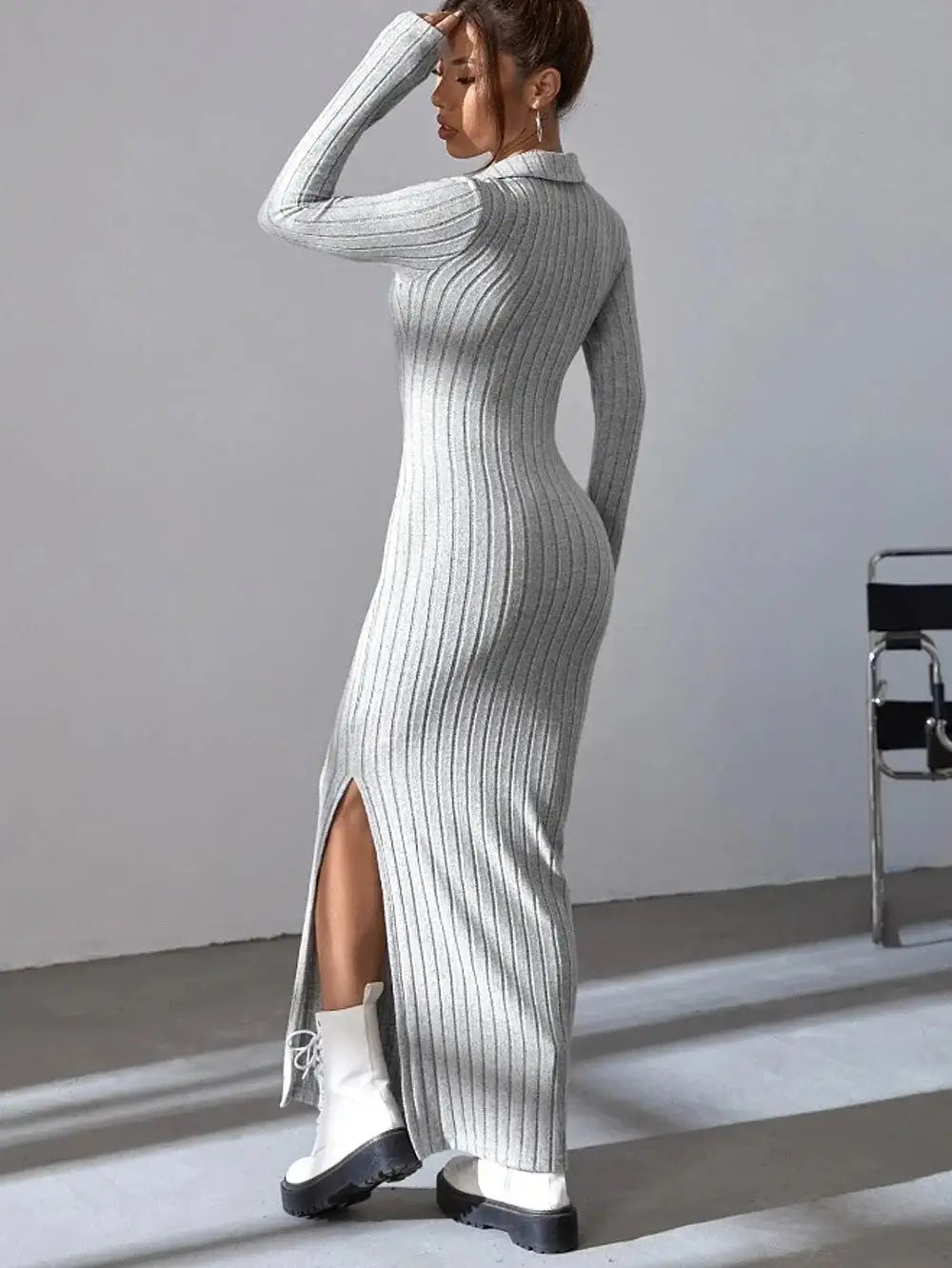 2024 Spring/Summer Knitted Dress Slim Fit Fashion Casual Women's Lapel Long sleeved Dress Concave Stripe Solid Color Long Dress - Lootquake