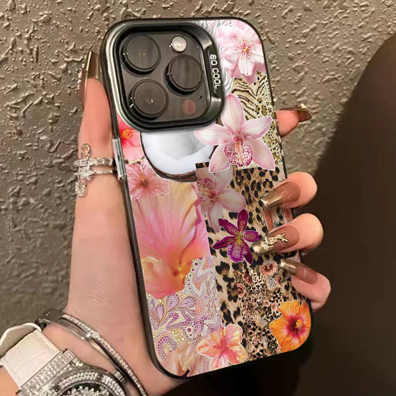 Funda rígida para teléfono con estampado de leopardo, estrellas y flores, chapada en mate