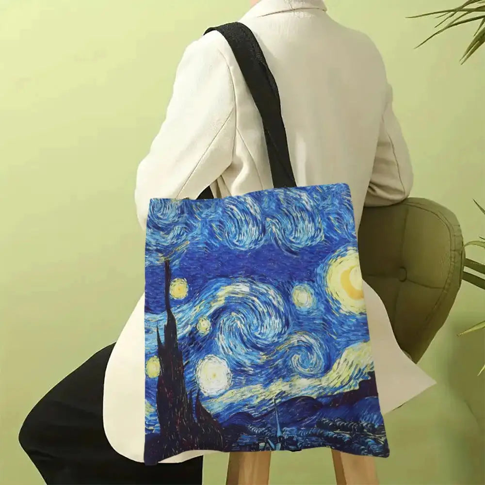 Van Gogh Series Linen Bag Oil Painting Starry Night Sunflower Apricot Flower Coffee Holder Handbag Lightweight Shoulder Bag - Lootquake